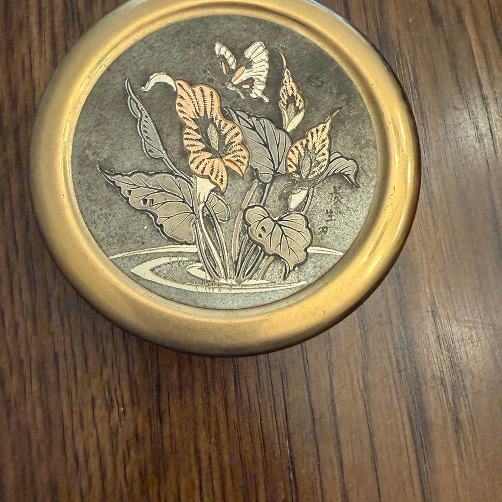 Chokin gold tone Japanese etched Floral marbled Trinket Box